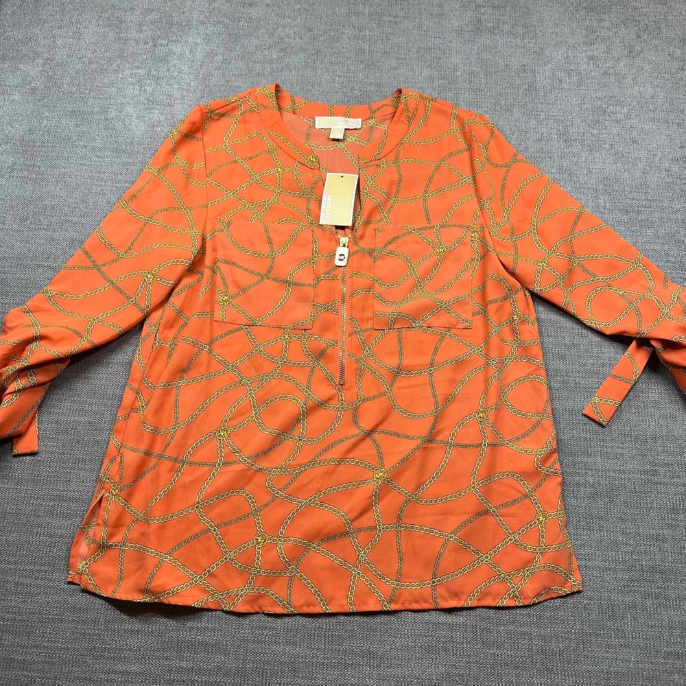Michael Kors Blouse Womens Medium Orange NEW Chain Print Half Zip Top